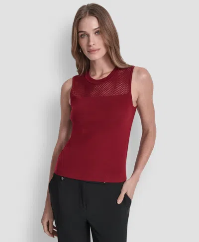 Dkny Women's Sleeveless Mesh Yoke Sweater In Red