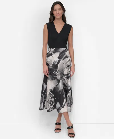 Dkny Women's Sleeveless Mixed-media Midi Dress In Black,skyline Collageblk