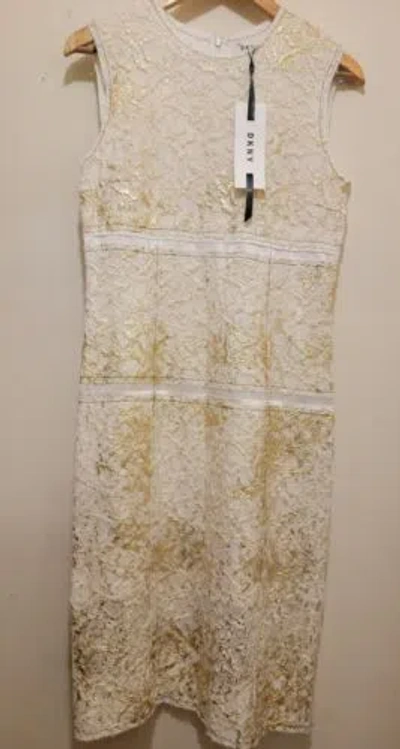 Pre-owned Dkny Women's Sleeveless Mixed-media Sheath Dress Gesso Off White/gold Sz 2