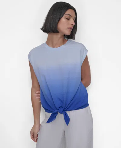 Dkny Women's Sleeveless Ombre Tie-front Blouse In Dip Dye Cornflower