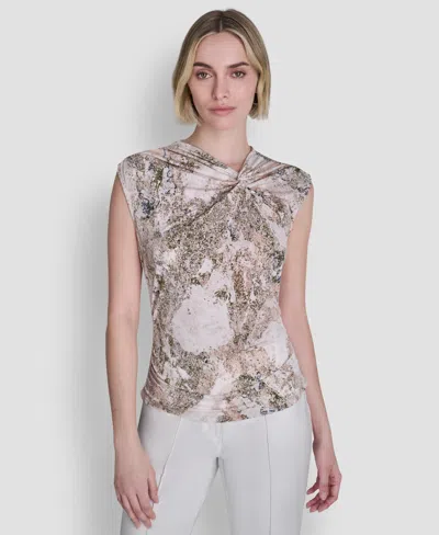 Dkny Women's Sleeveless Printed Asymmetrical Neck Knit Top In Gold