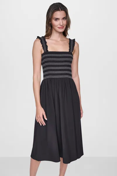 Dkny Women's Sleeveless Smocked Midi A-line Dress In Black