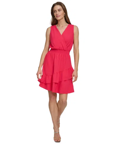 Dkny Women's Sleeveless Smocked-waist A-line Dress In Red