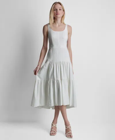 Dkny Women's Sleeveless Square Neck Tiered Linen Midi Dress In Gray
