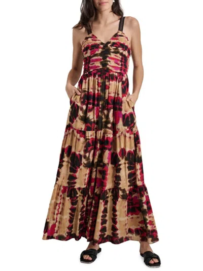Dkny Women's Sleeveless Tiered Tie-dye Cotton Maxi Dress In Redplaid Inkblue