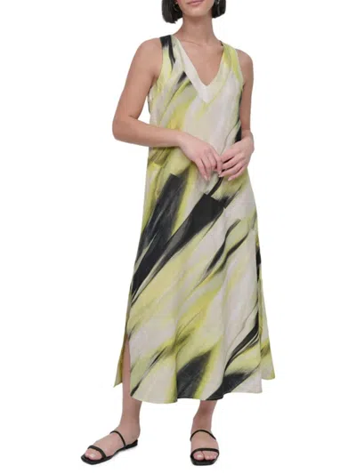 Dkny Women's Sleeveless V-neck Brushstroke-print Linen Midi-dress