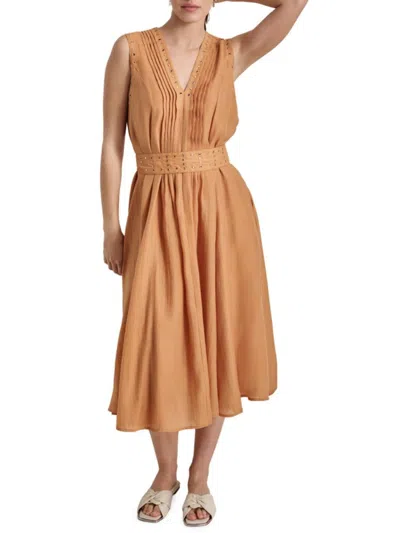 Dkny Women's Sleeveless V-neck Grommet-detail Midi Dress In Tawney
