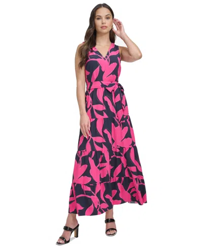Dkny Women's Sleeveless V-neck Midi Dress In Navy,pink