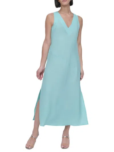 Dkny Women's Sleeveless V-neck Panel Linen Midi-dress