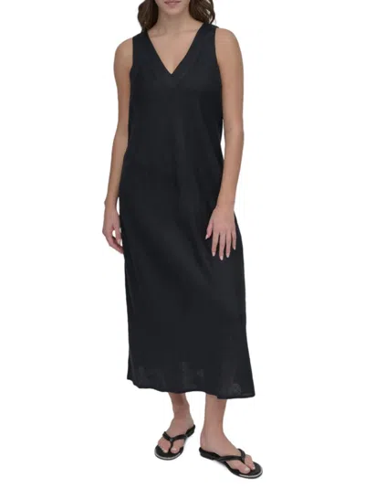 Dkny Women's Sleeveless V-neck Panel Linen Midi-dress