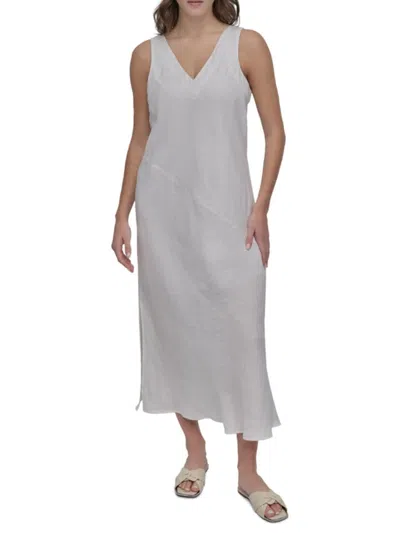 Dkny Women's Sleeveless V-neck Panel Linen Midi-dress