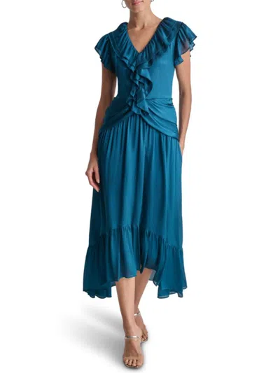 Dkny Women's Sleeveless V-neck Ruffle Crinkle Fit-and-flare Midi-dress In Blue