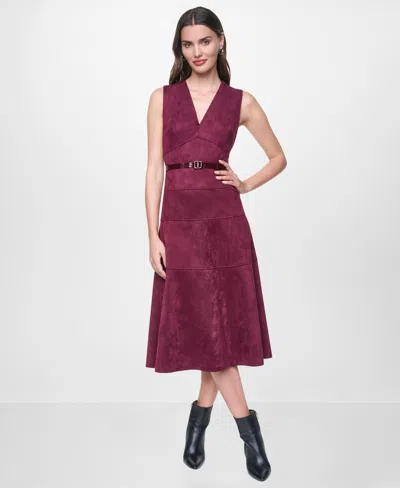 Dkny Women's Sleeveless V-neck Buckle Belt Midi Dress In Brown