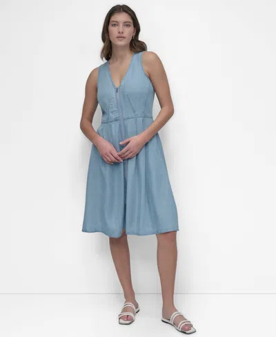 Dkny Women's Sleeveless Zip-front Fit & Flare Dress In Light Chambray