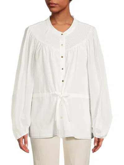 Dkny Women's Smocked Band Collar Top In Linen White