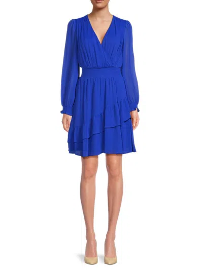 Dkny Women's Smocked V Neck Mini Dress In Cosmic Blue