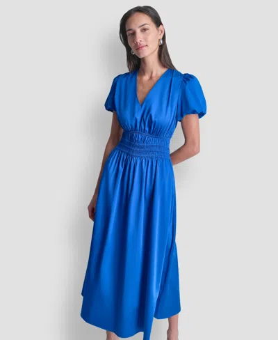 Dkny V-neck Smocked Midi Dress In Blue