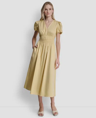 Dkny Women's Smocked V-neck Midi Dress In Yellow