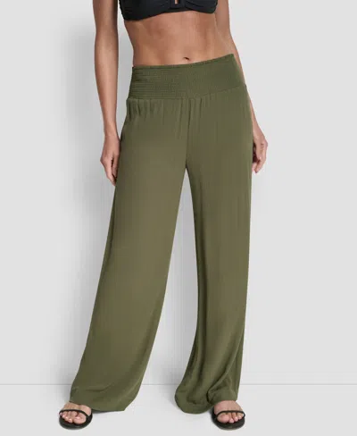 Dkny Women's Smocked-waist Cover-up Pull-on Pants In Green