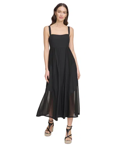 Dkny Women's Solid Square-neck Sleeveless Chiffon Dress In Black