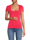 Dkny Square Neck Short Sleeve Cotton Blend Sweater In Red