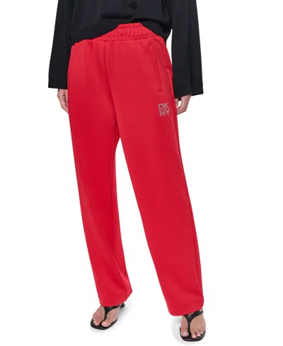 Dkny Women's Stack Logo Tapered Pull-on Knit Pant In Red