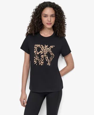 Dkny Women's Stacked Animal Print Crew Neck T-shirt In Black
