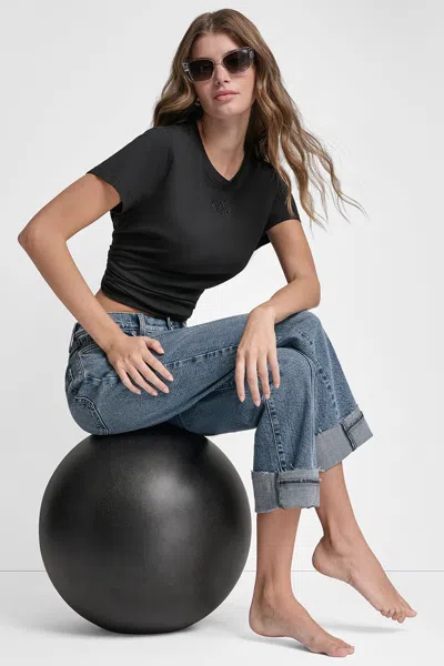 Dkny Women's Stacked Eyelet Logo T-shirt In Black