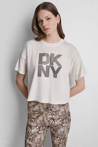 Dkny Women's Stacked Ombre Rhinestone Drop Shoulder T-shirt In White