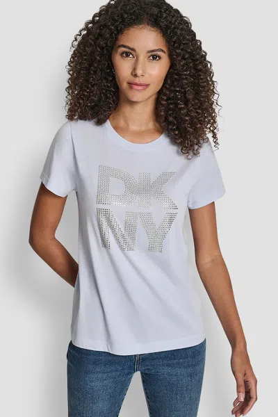 Dkny Women's Stacked Rhinestone Logo T-shirt In White