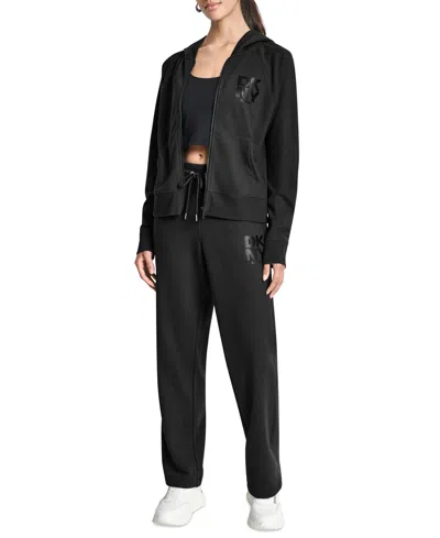 Dkny Women's Stacked Satin Logo Full-zip Hoodie In Black
