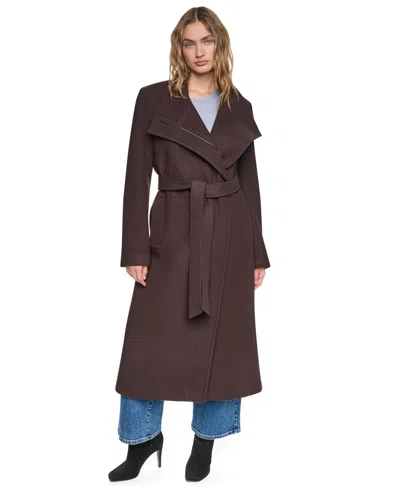 Dkny Women's Stand-collar Belted Maxi Wrap Coat In Brown