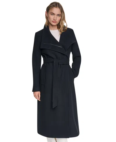 Dkny Women's Stand-collar Belted Maxi Wrap Coat In Black