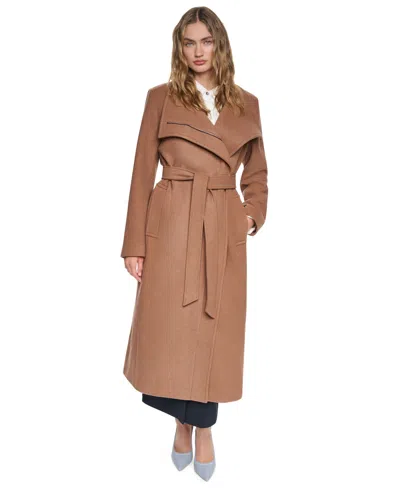 Dkny Women's Stand-collar Belted Maxi Wrap Coat In Brown