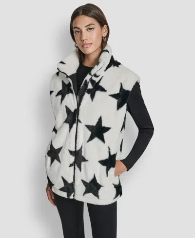 Dkny Women's Star Print Faux Fur Vest In White