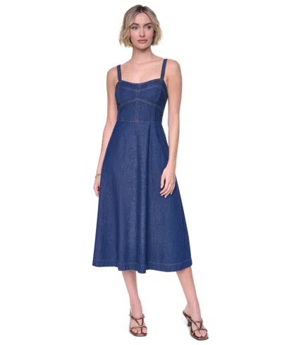 Dkny Women's Straight Neck Sleeveless Contrast Stitch Midi Dress In Blue