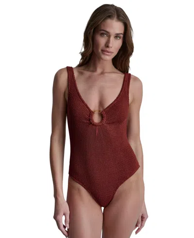 Dkny Women's Stretch Island Ring Detail One-piece Swimsuit In Red