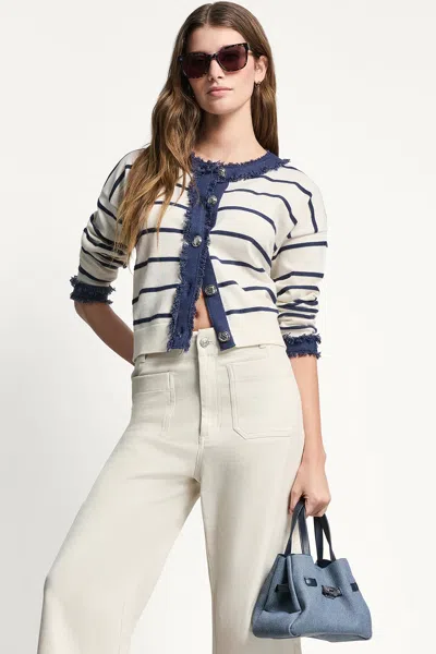 Dkny Women's Striped Cardigan With Denim Fringe In Blue
