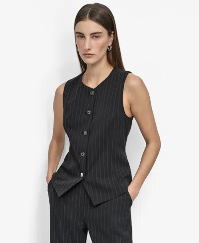 Dkny Women's Striped Crewneck Button-front Vest In Black