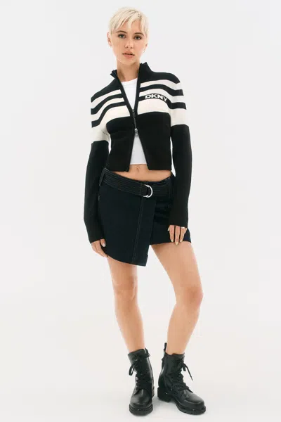 Dkny Women's Striped Mock Neck Zip Sweater In Black