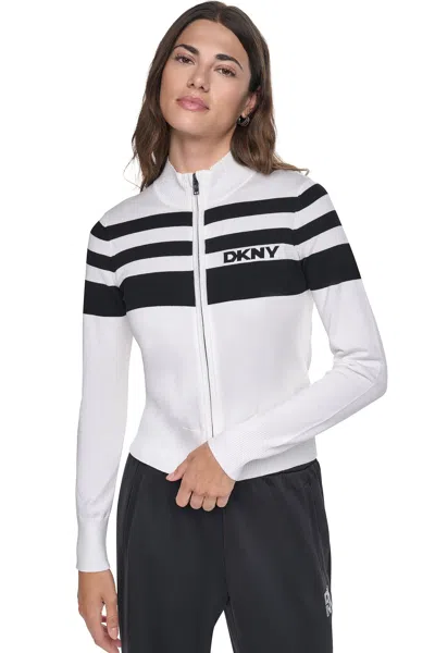 Dkny Women's Striped Mock Neck Zip Sweater In White