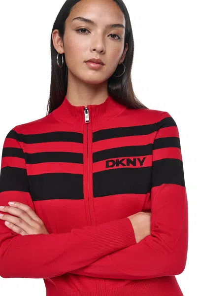 Dkny Women's Striped Mock Neck Zip Sweater In Red