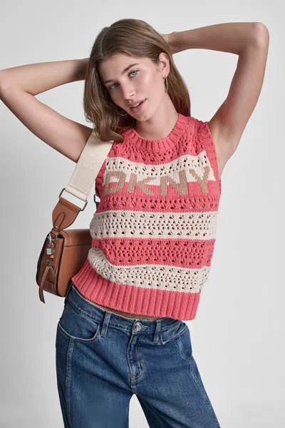 Dkny Women's Striped Pointelle Stitch Sleeveless Sweater In Pink