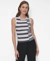 Shop Dkny Women's Striped Ribbed Knit Sleeveless Top In Navy,white