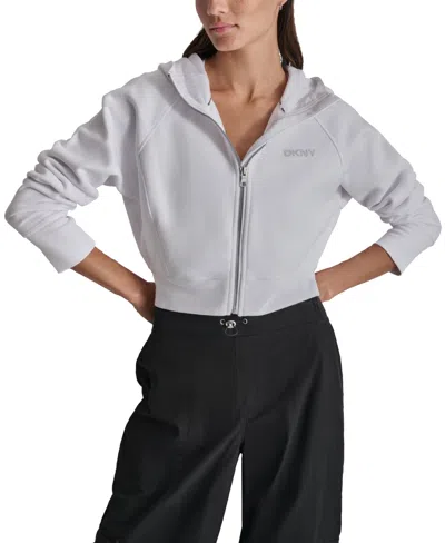Dkny Women's Stud Logo Hooded Zip-front Fleece Sweatshirt In White
