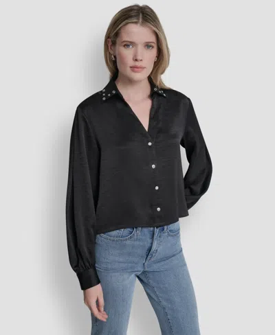 Dkny Women's Studded Collar Y-neck Shirt In Black