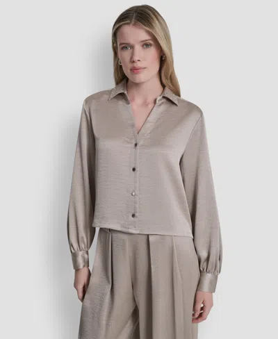 Dkny Women's Studded Collar Y-neck Shirt In Gray