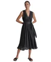 Dkny Grommet Tie Belt Sleeveless Organza Midi Dress In Black