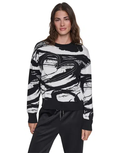 Dkny Women's Studded Heart Brush Stroke Crewneck Long-sleeve Sweater In Multi