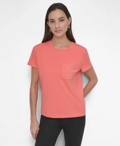 Dkny Women's Studded Pocket Short-sleeve Shirt In Coral Crush